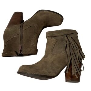Sbicca Women's‎ Ankle Boots Size 6 Olive Brown Suede Fringe Block Heel